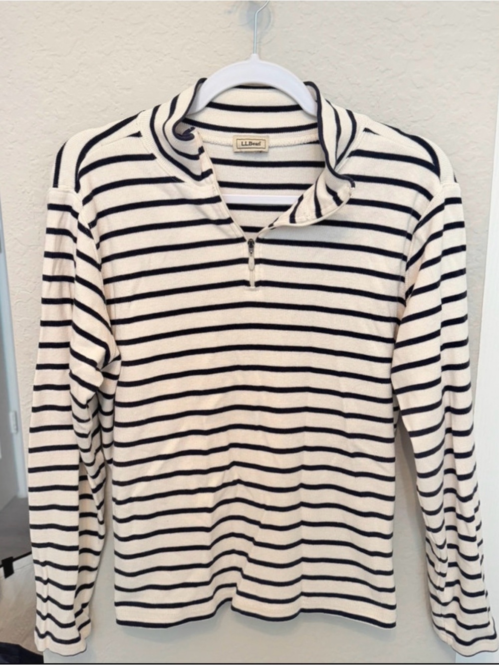 Vintage L.L. Bean Cream and Black Striped Quarter-Zip Sweater
